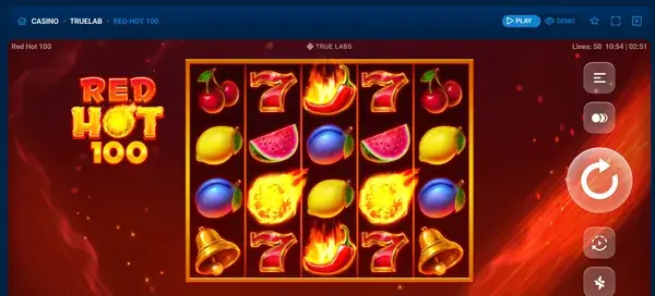 Red Hot 100 game page header with Play and Demo buttons